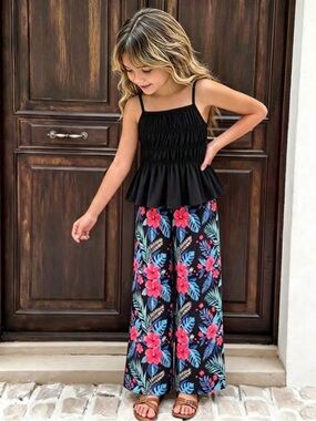 Kids Black Smocked Top with Floral Wide-Leg Pants